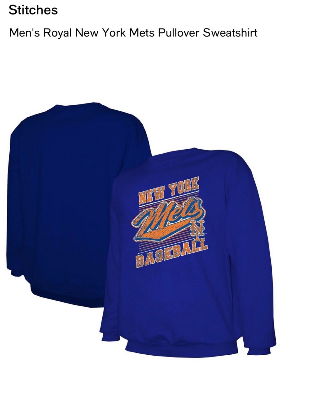 Stitches Men's Royal Blue New York Mets Pullover Sweatshirt with Orange Logo